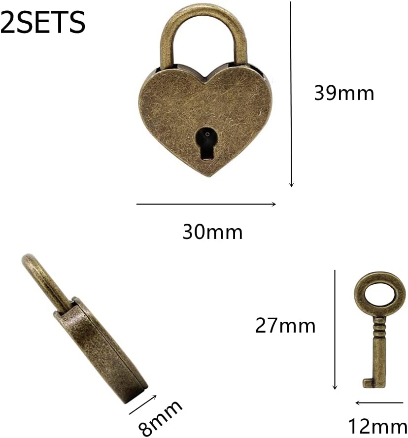 2 Set Heart Shaped Metal Padlock Mini Lock Antique Padlock with Key for