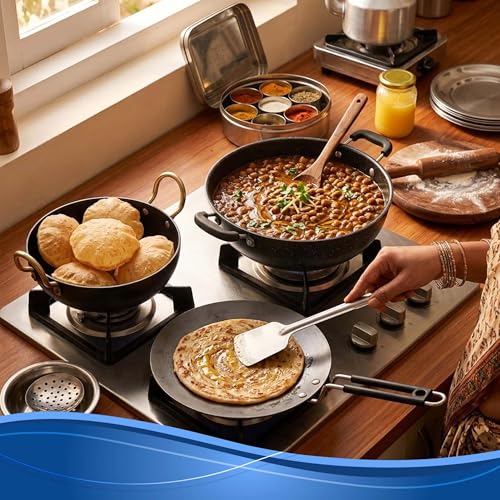 Image of DOZY Iron Cookware Set of 3 Iron Rich Non-Stick 2 Kadhai & 1 Tawa | Induction & Gas Compatible | Chemical Free | Cookware Combo | Better Heat Retention | Pre-Seasoned | Cookware Set for Kitchen