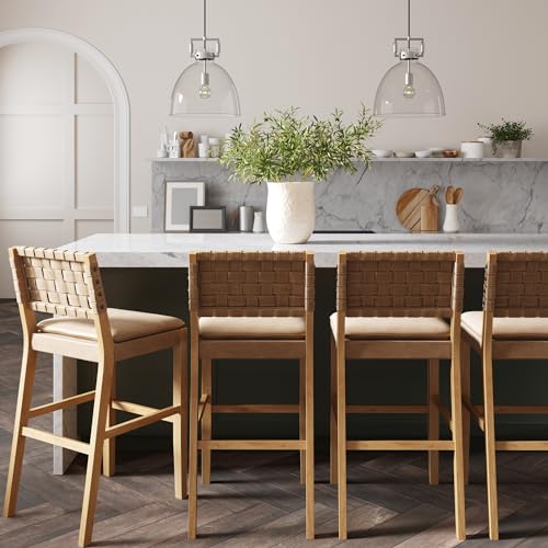 Image of Nathan James Cohen Mid-Century Modern 29 in. Wood Bar Stool, Upholstered Faux Suede Bar Height Stool with Solid Wood Frame, Natural Brown, Set of 4