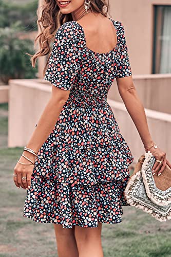 Image of PRETTYGARDEN Women's Summer Floral Ruffle Short Dress | Short Sleeve Square Neck, Flowy Tiered Hem, Fit and Flare, Flower Boho Dresses, Cute Beach Vacation Outfits, Fashion Clothing
