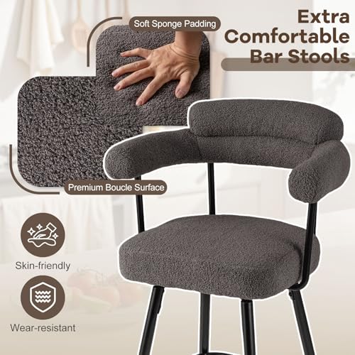 Juego de 2 butacos modernos para barra alta COSTWAY, con giro de 360°, tapizado en tela bouclé y respaldo curvo, patas metálicas, para isla de cocina o hogar (Gris + Negro) miniatura 5