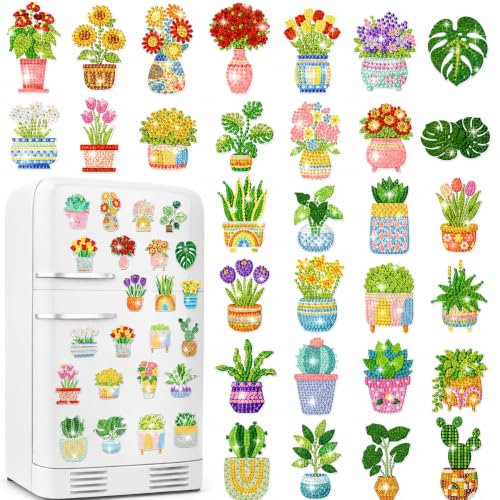 Puraikcmi 30 Pcs Spring Diamond Painting Magnets Summer Diamond Art Magnet Kits for Adults Plant Flower 5D Rhinestones Refrigerator Magnetic Stickers for Beginner DIY Crafts Fridge Spring Gifts