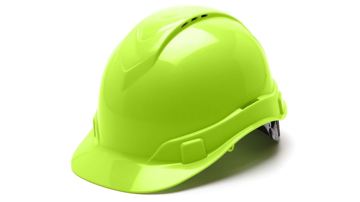 Pyramex Ridgeline Casque rigide style casquette, suspension à cliquet à 4 points, vert citron haute visibilité