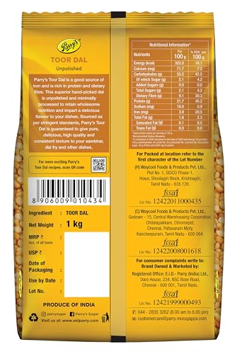Image of Parry's Unpolished Toor Dal 1kg (Pack of 3)