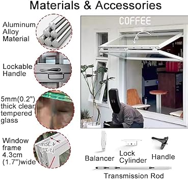 Katlanır Sürgülü Pencereler, Katlanır Sürgülü İmtiyaz Penceresi, Beyaz Alüminyum Alaşımlı Manuel Yemek Servis Pencereleri, 5 MM Takviyeli Cam, Yemek Kamyonu için Açılır Pencere (24x36 inç (61x91 cm