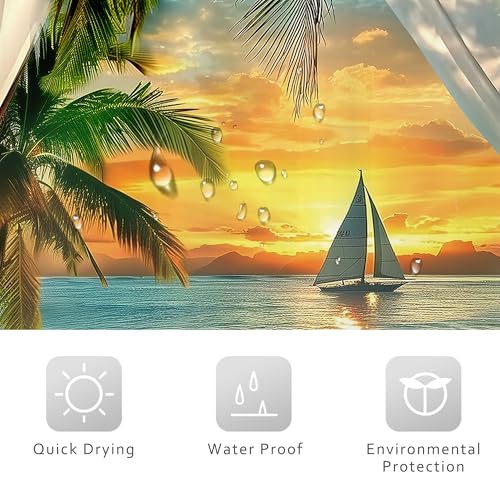 Image of Riyidecor Beach Shower Curtain 72Wx72H Inch Coastal Sunset Beachy Seaside Ocean Sea Hawaiian Tropical Palm Tree Scenery Barn Door Summer Bathroom Decor Fabric Polyester Waterproof 12 Pack Hooks