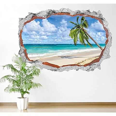 HPNIUB 3D Beach Wall Stickers,3D Sea View Wall Art for Living Room,Landscape Broken Wall Sticker,Beach Coconut Tree Wall Decal,Sea Scenery Wall Mural Sticker for Bedroom Bathroom Kitchen Decor 59×88CM Cover