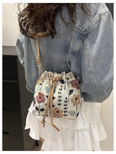 Women's Floral Drawstring Bucket Bag Vintage Crossbody Bags Adjustable Strap Mini Canvas Purses3