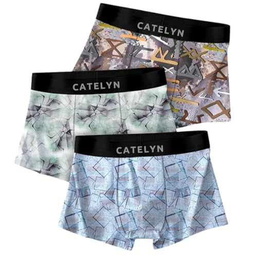 Image of CATELYN Printed Men's Extra Thin Elastic Ice Silk Underwear - Long, Comfortable, Breathable Boxer Brief Trunks, Smooth Fabric (Pack of 3)