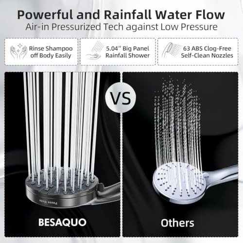 Image of BESAQUO 9 Settings High Pressure Handheld shower head with Power Wash | Pause Mode for Water Saving, Power Wash for Tub&Tile, Easy Clean Nozzles, 6ft Hose,Bracket / Matte Black