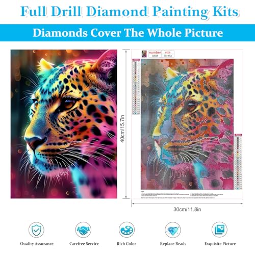 Image of HEIBAGO Leopard Diamond Art Kits for Adults, Animal Diamond Painting Kits for Adults Beginners, 5D Full Drill Round Diamond Art Painting, DIY Diamond Dots for Adult for Home Wall Decor 12 x 16 Inch