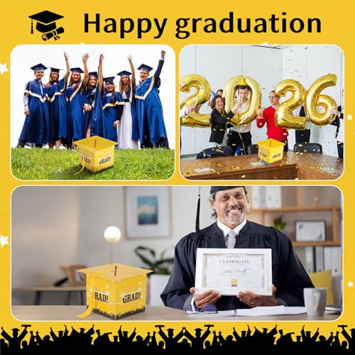 Image of Outus 2026 Grad Card Box with Tassel Congrats Graduation Cap Card Holder for Graduation Gift Box Party Supplies (Yellow,Stylish)