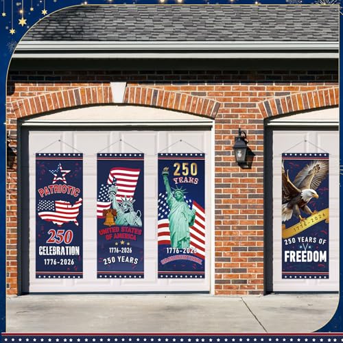 Image of Panelee 4 Pcs 250th Anniversary Banner Decoration Patriotic American Flag Porch Banner 250th Anniversary Hanging Backdrop for Independence Day 4th of July Wall Indoor Outdoor Decor
