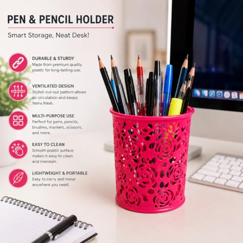 Image of Metal Mesh Pen Stand for Office & Home Desk | Black Stationery Holder Organizer for Pens, Pencils, Markers, Makeup Brushes | Durable Round Wire Mesh Pen Stand (Pack of 1) (Floral-Dark Pink)