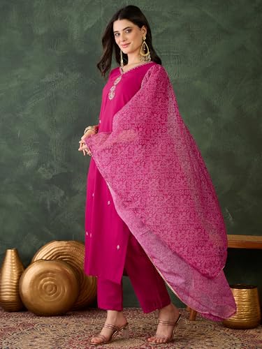Image of Naixa Women's Rayon Cotton Lining Embroidered Straight Kurta with Pant and Dupatta Sets (NX-470)