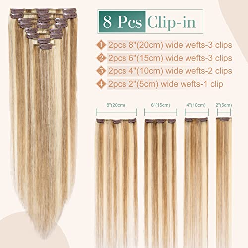 Image of Benehair Clip In Hair Extensions Real Human Seamless Light on Weft 8pcs 16inch Remy Silky Straight Natural Ombre Brown Mixed Bleach Blonde 2.2928 Ounce