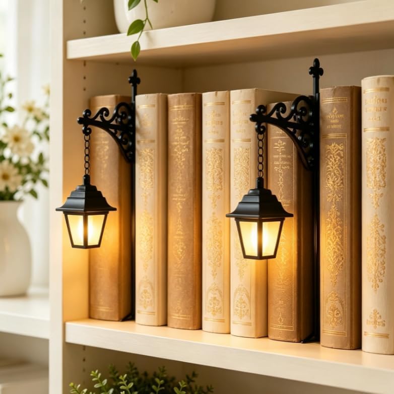Bookshelf Lamp, LED Library Lanterns, Decorative Bookshelf Lighting with Warm Glow, Vintage Book Nook Light for Reading Corner, Antique Shelf Lamp Ornament for Book Lovers (Lantern 2pcs)