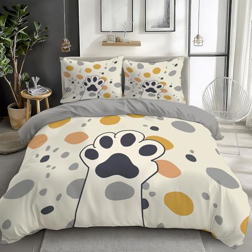 CozyRest Parure de Lit Réversible avec Motif à Patte de Chat de Dessin animé Housse de Couette 90 x 190 cm 1 Personnes et 1 x Taies d'oreiller 65x65 cm...