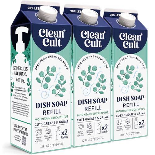 Cleancult Dish Soap Liquid Refills - Plant Based Cleaning Power - Cuts Grease & Grime - Free of Harsh Chemicals - Uses 90% Less Plastic - Mountain Eucalyptus - 32 oz/3 Pack