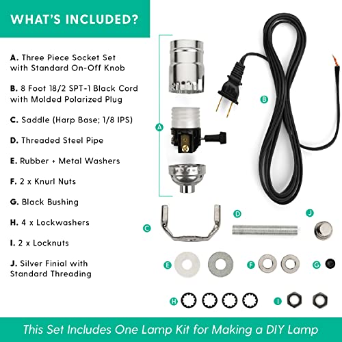 I Like That Lamp Diy Lamp Wiring Kit, Silver Socket & 8Ft Black Cord (1 Pack), For Making & Fixing Table Or Floor Lamps, Repair & Rewire Antique Or Vintage Lighting Fixtures, Complete Hardware Set #TOP1