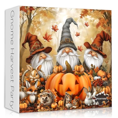 Autumn Gnomes Puzzles for Adults 1000 Piece, Fall Puzzle Halloween Pumpkin Animals Autumn Leaves, Vintage Thanksgiving Puzzle Harvest Jigsaw Puzzles