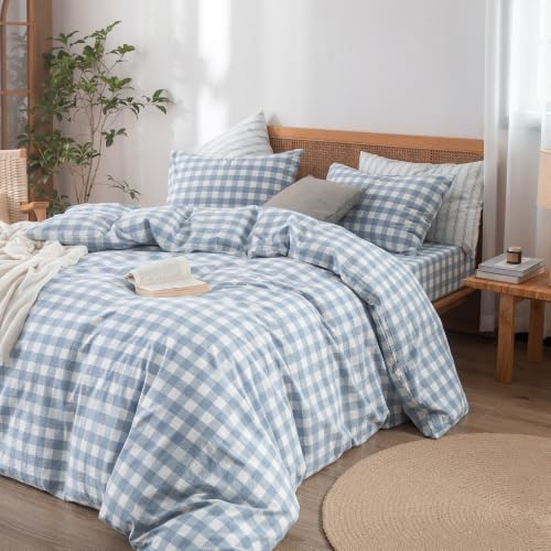 Image of BESTOUCH Gingham Cotton Duvet Cover Set Cornflower Blue Twin | Washed Cotton, Linen Feel, Soft Wrinkle Texture, Hidden Zipper, 8 Ties, Breathable Lightweight Durable Comfy, 2 Pcs No Insert