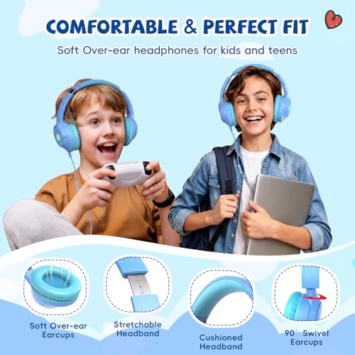 Image of USB C Headphones Wired for Kids, 85 /94dB Volume Limit With Mic, Light Blue | Kid Headphones for School, Wired Over Ear USBC Plug in Corded Headphones for Boys Girl Toddler, iPad, Tablet, Airplane Travel