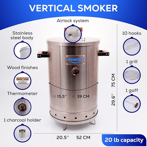 Universal-20-pound-Stainless-Steel-25-servings-Charcoal-Barrel-Smoker-with-Thermometer-Airlock-system-205x-296-x-155-2-in-1-Vertical-Smoker-Grill-and-Smoker-Slow-Cooking-Smoker Universal 20 pound Stainless Steel 25 servings Charcoal Barrel Smoker with Thermometer Airlock system 205x 296 x 155 2 in 1 Vertical Smoker Grill and Smoker Slow Cooking Smoker