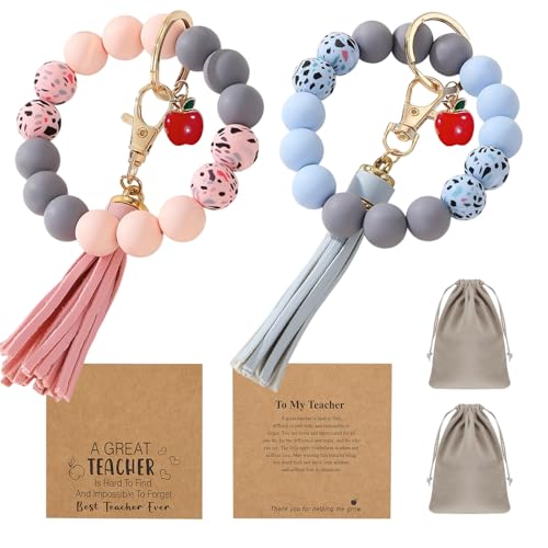 LYART 2Set Teacher Appreciation Bracelets Keychains Gifts in Bulk for Women, with Thank You Message Cards from Student, Silicone Teacher Bracelet Jewelry for Women