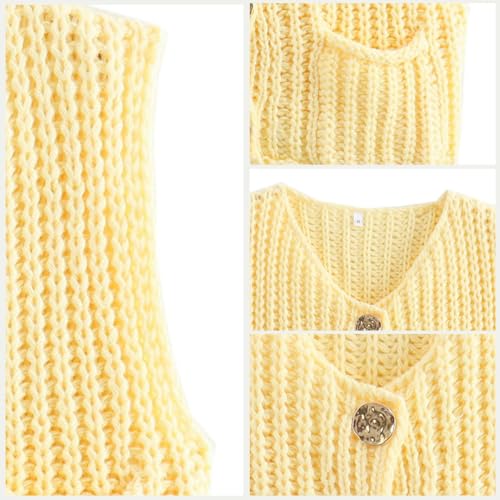 Image of Women's Sleeveless Chunky Knit Cardigan V-Neck Button Down Vest Casual Loose-Fitted Crochet Sweater with Pockets 2024