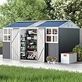 12x10 FT Metal Sheds & Outdoor Storage: Heavy Duty Garden Sheds with Dual Transparent Panels, 2x4-Pane Windows & Hinged Double Doors, Weatherproof Tool Shed for Backyard, Garden, Patio, Grey/White