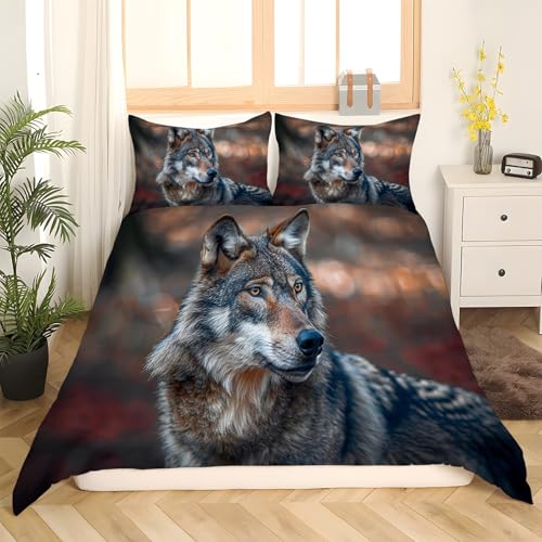 Parure de Lit Animaux Loup 240x260 Facile à Enfiler avec sa Fermeture Éclair