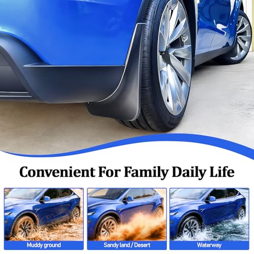 Image of Mud Flaps for 2025-2026 Tesla Model Y Juniper, Black, Set of 4 | No-Drill Splash Guards, Front and Rear, All-Weather, Impact Resistant TPE