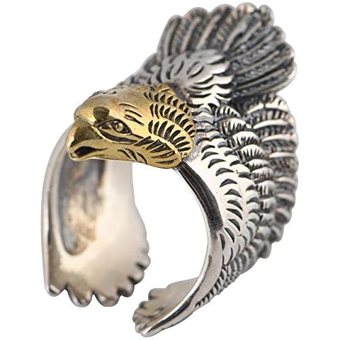 Vintage Two Tone 925 Sterling Silver Flying Eagle Ring with Golden Head for Men Women Open and Adjustable Cover