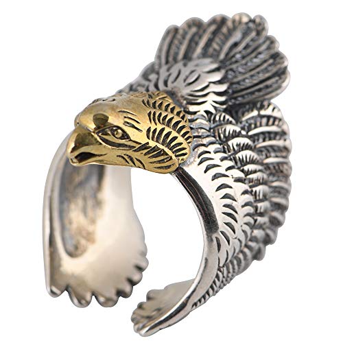 Vintage Two Tone 925 Sterling Silver Flying Eagle Ring for Men Women Adjustable Size 7.5-10