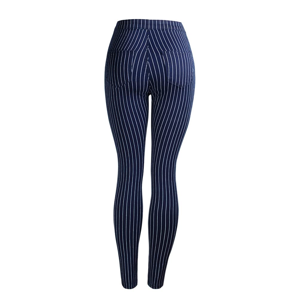 Dninmim Damen Elastische Sexy Gestreifte Leggings Frühling Herbst Bleistifthose, blau, XL