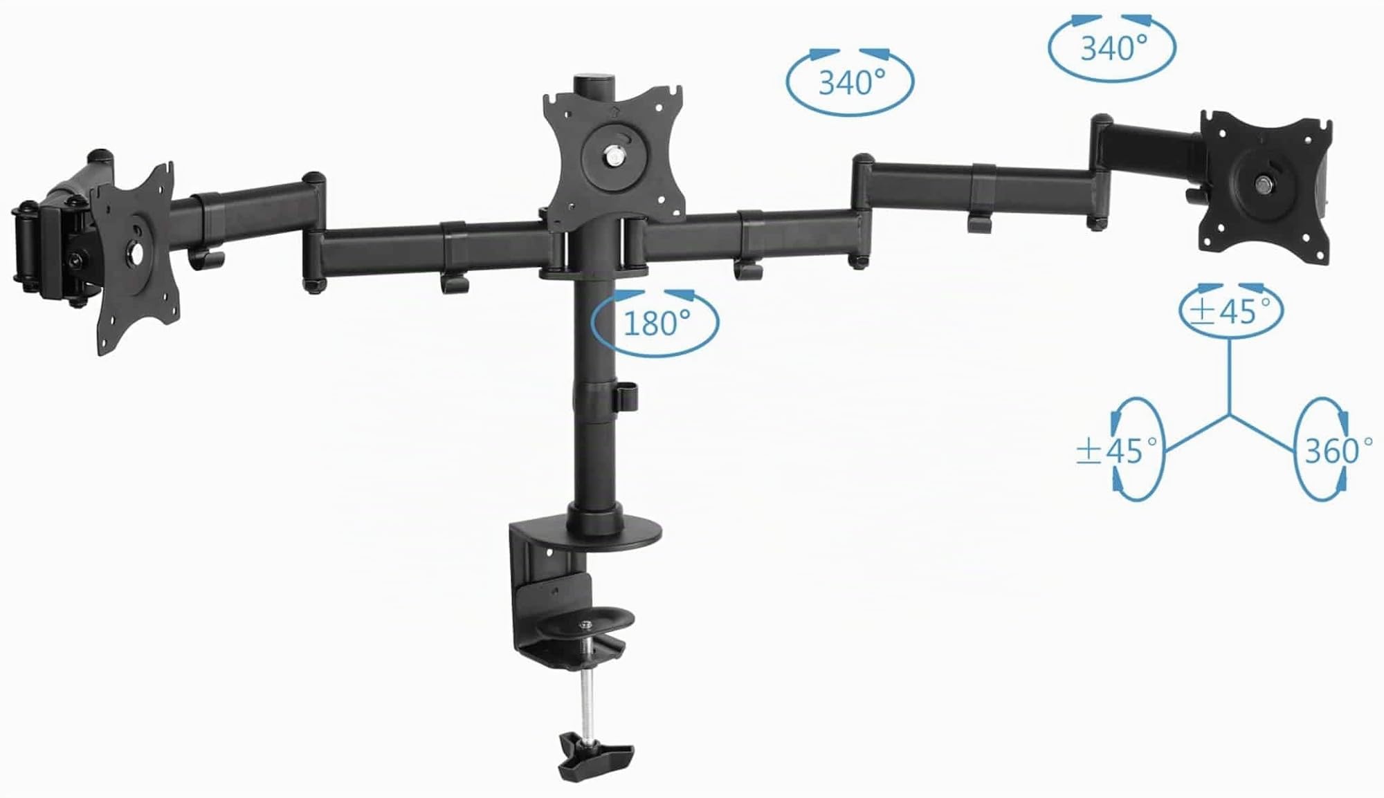 PureMounts OFFICE-03 Supporto da tavolo per 3 monitor da 33-69 cm (13-27"), inclinabile: da -45° a 45°, orientabile: 180°, ruotabile: 360°, VESA 100x100, nero