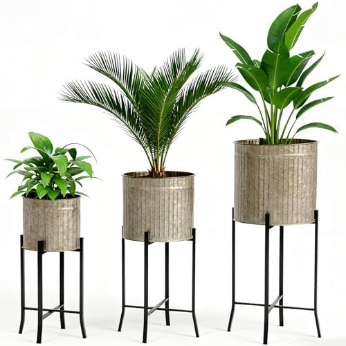 Set of 3 Standing Planters 12.8'' 11.5'' 9.5'' Corrugated Galvani...