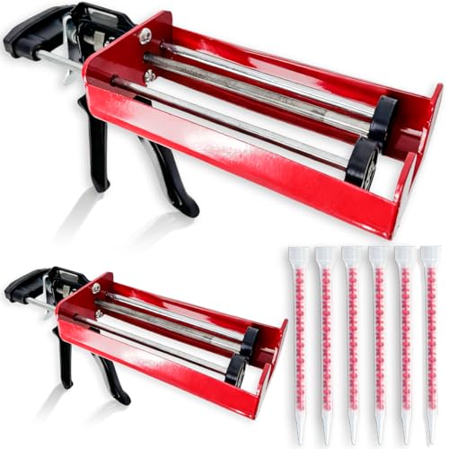 Sunmuliiiy 2Pcs Dual Caulking Gun 6*Mixing Nozzles 12 Dual Cartridge Epoxy Gun 400 mL /13.5 fl oz (1: 1 and 2:1) Stainless Steel Manual Caulking Gun Epoxy Gun for Bond Adhesive Cartridge Applicator