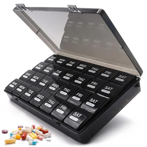 Eastrise Large Monthly Pill Box Organiser - 28 Day Travel Medicine Box with 4x7 XL Compartments Dust-Proof & Lockable Tablet Case BPA-Free Vitamin Holder(Black)