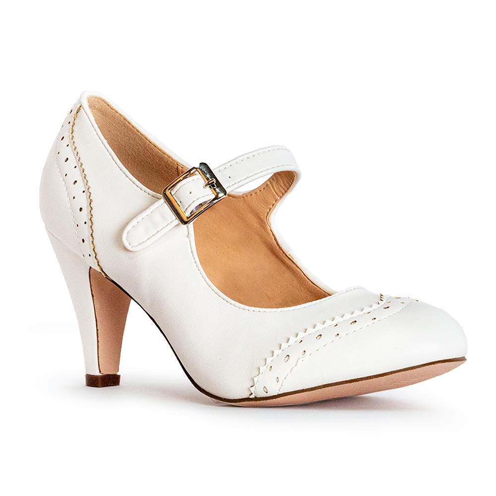 J. AdamsKym Mary Jane Shoes Women Oxford Pumps - Cute Low Kitten High Heels - Retro Vintage Shoes for Women 1950s Mary Janes Round Toe Shoe with Ankle Strap - Women Dress Shoes