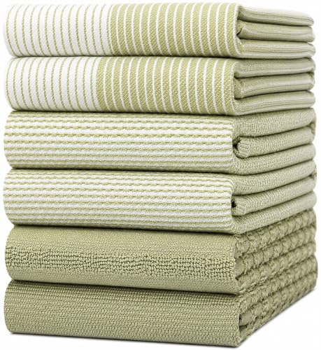 Image of Premium Kitchen Towels (20 inchx 28 inch, 6 Pack) | Large Cotton Dish Towels | Flat & Terry Highly Absorbent Kitchen Linen Set with Hanging Loop | Sage