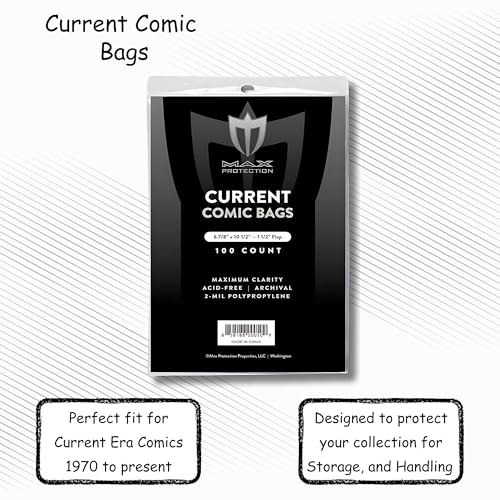 Image of Max Protection Max Pro Current Comic Bags - Archival Quality Acid-Free Storage for Comic Books - Crystal Clear 2 mil Polypropylene - 6-7 /8 inchx10-1 /2 Protection - (100 Bags)