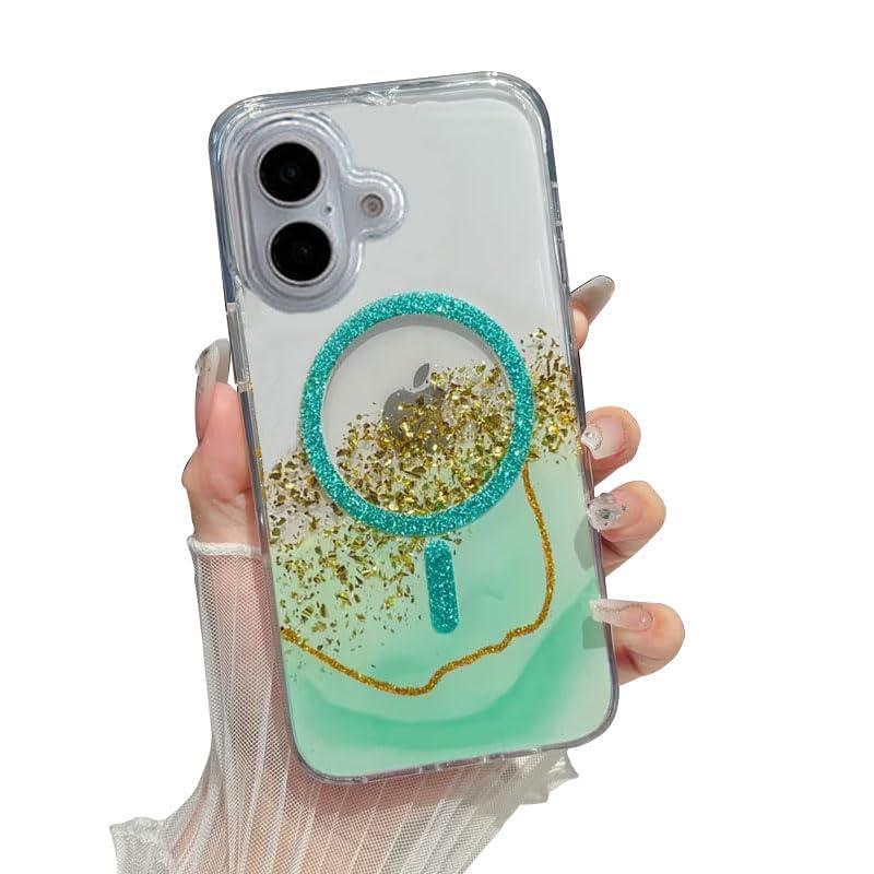Image of mobistyle Compatible with iPhone 16 | Magentic Glitter Gradian Elegant | Camera Lens Protection Back Cover Case for Women Girls iPhone 16 (Green)