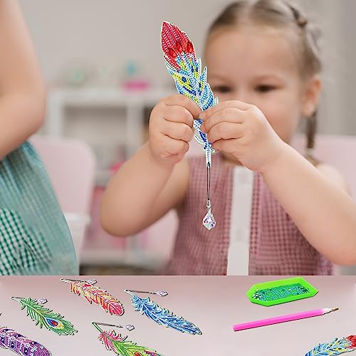 Lymshine Diamond Art Bookmarks Kits, 12 Pcs Diamond Painting Feather Bookmarks with Crystal Pendant - Image 4