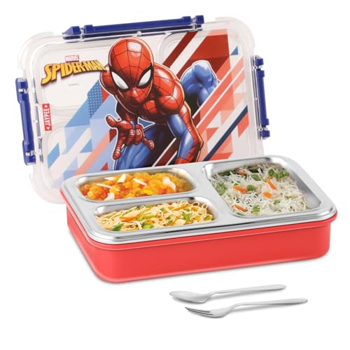 Image of JAYPEE Toon Box 3 Marvel Series Spider Man Inner Stainless Steel Insulated 3 Cavity Lunch Box for School Kids |Airtight Leakproof Tiffin Box with 2 Additional Lock |100% Food Grade|625 ml,Red