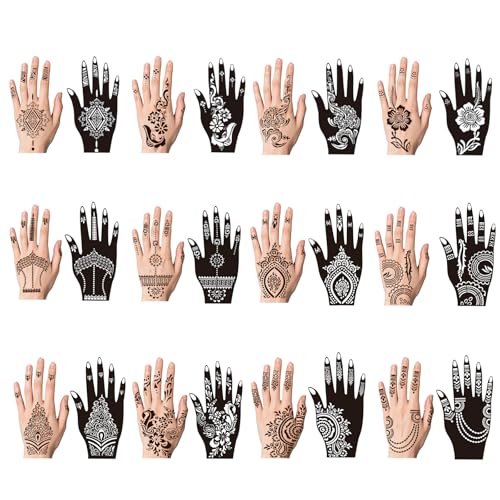 Tatouage Temporaire Pochoir, 24 Feuilles Henna Main Tatouage Pochoir Autocollant Dessins Uniquepour pour Femmes, Stickers Henné pour Bricolage et Peinture Artistique et Cadeaux de Fête