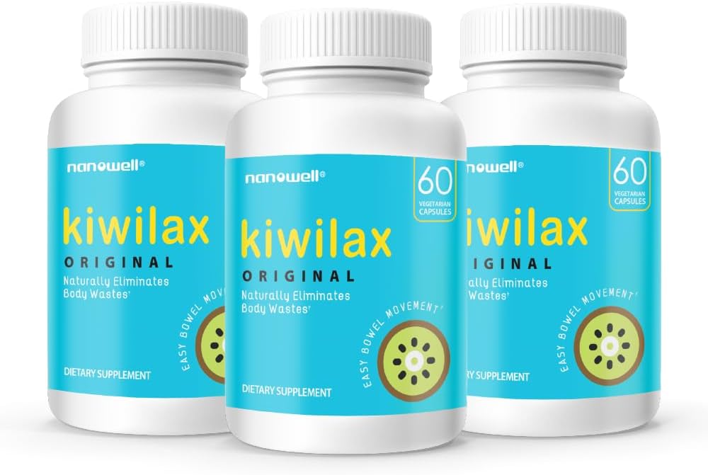 NANOWELL Kiwilax Original - Supports Healthy Bowel Movements, Digestive Health, and Natural Elimination - Gentle and Safe with Magnesium & Kiwi Proprietary Blend, 60 Capsules x 3 Bottles (180 Count)