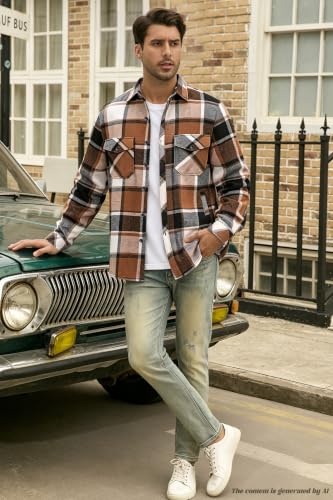 Image of Cromoncent Mens Boys Thick Flannel Shirt Long Sleeve Shirt Jacket Casual Button Down Multi Pockets Shacket