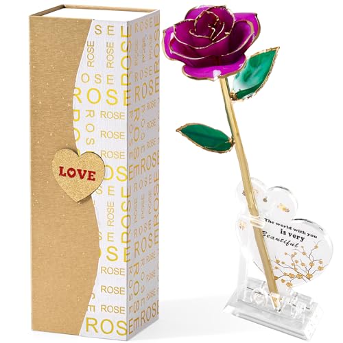 Image of Mikasol Gold Dipped 24K Forever Preserved Rose, 1 Pack Infinity Flower Decor Hand Dipped Romantic Gift for Women in Her Wife Girlfriend Birthday Anniversary Valentines Mothers Day Christmas(Purple)